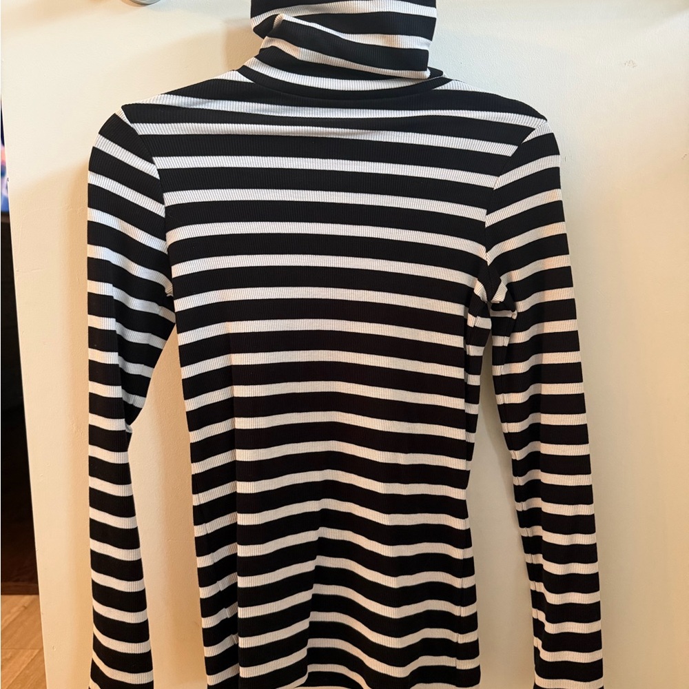 Women’s Black & White Striped Turtleneck Long Sleeve Tee